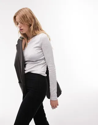 Topshop slim v neck long sleeve top in gray