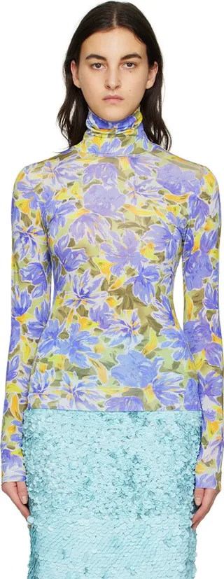 Dries Van Noten Blue Floral Turtleneck