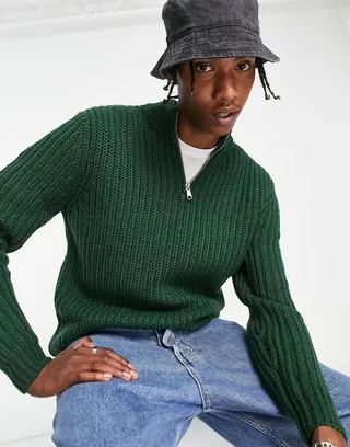ASOS DESIGN heavyweight fisherman rib half zip sweater in green