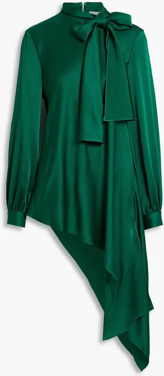 Asymmetric tie-neck satin-crepe blouse