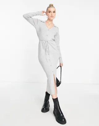 ASOS DESIGN knitted midi dress with open collar and tie waist in gray