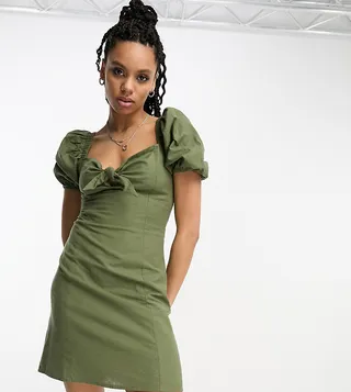 Reclaimed Vintage tie front mini dress in khaki linen