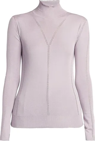 Pointelle-Knit Silk Turtleneck Top