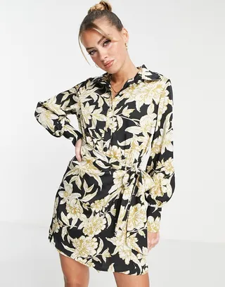 In The Style x Terrie Mcevoy wrap mini shirt dress in black floral