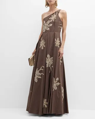 Crispy Cotton One-Shoulder Gown With Marine Botanical Embroidery