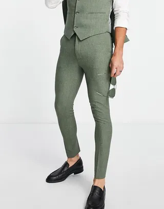 ASOS DESIGN wedding super skinny suit pants in pine green crosshatch