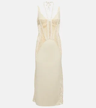 Coral crochet-paneled midi dress