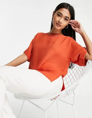 ASOS DESIGN oversized woven tee with roll sleeve in rust