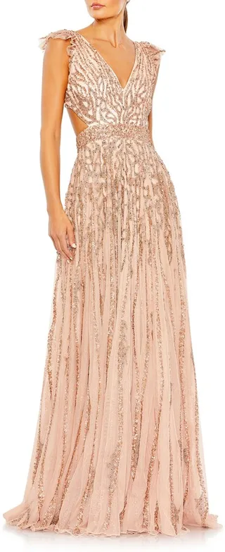 Sequin Vines Flutter Sleeve A-Line Gown