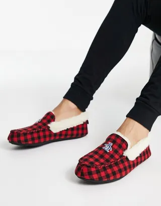 Original Penguin faux fur lined moccasin slippers in red check