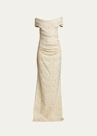 Off-Shoulder Ruched Jacquard Gown