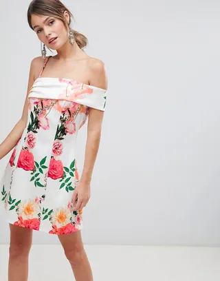 ASOS DESIGN Asymmetric Strap Floral A Line Mini Dress