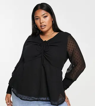 Simply Be ruched front long sleeve blouse in black