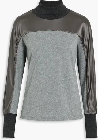 Satin-paneled stretch-cotton jersey turtleneck top