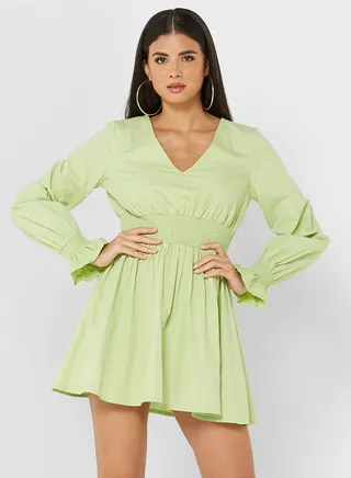 Balloon Sleeve Pleated Dress