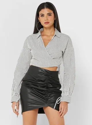 Striped Tie Detail Wrap Shirt