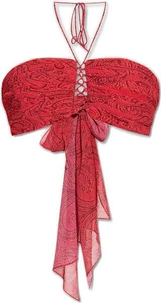 Etro Paisley-Embroidered Halterneck Cropped Lace-Up Top