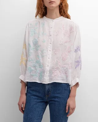 Hazel Floral-Embroidered Button-Down Blouse