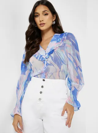 Ruched Sleeve Frill Detail Top