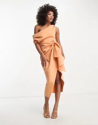 ASOS DESIGN fallen shoulder manipulated tuck body-conscious midi dress in apricot