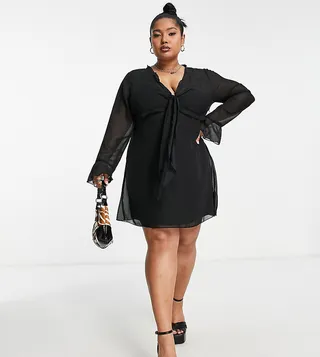 ASOS DESIGN Curve tie front lettuce edge 90s mini tea dress in black