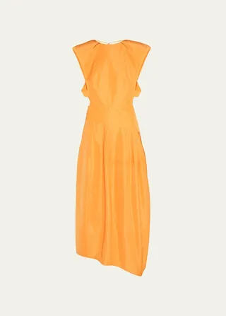 Structered Shoulder Open-Back Balloon Midi Dress