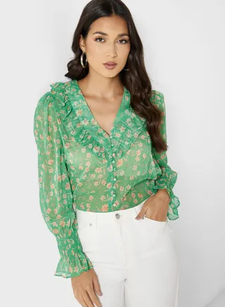 Ruffle Detail Printed Top