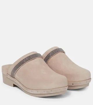 Embellished suede clogs