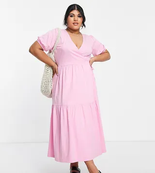 ASOS DESIGN Curve tiered midi wrap dress with puff sleeve in bright pink