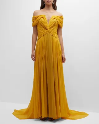 Twisted Off-The-Shoulder Pleated Chiffon Gown