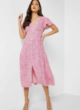 Button Detail Printed Dress