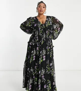 ASOS DESIGN Curve button up pintuck maxi dress in black floral print