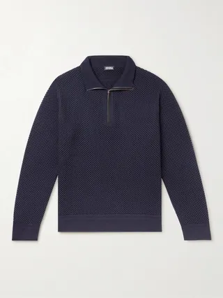 Leather-Trimmed Waffle-Knit Wool and Cashmere Half-Zip Sweater