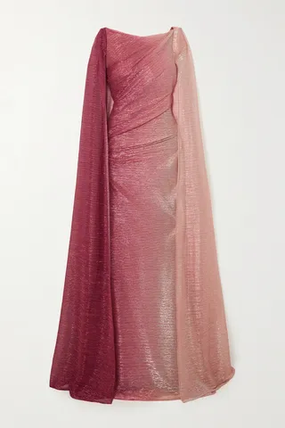 Talbot Runhof - Asymmetric Cape-effect Metallic Voile Gown - Pink