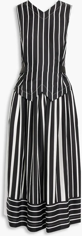 Belted striped silk-satin midi dress