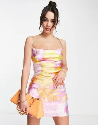 ASOS DESIGN cami mini slip dress in high shine satin with lace up back in pop floral print