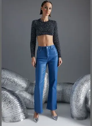 Blue Shiny Printed High Waist Flare Jeans TWOAW24JE00059