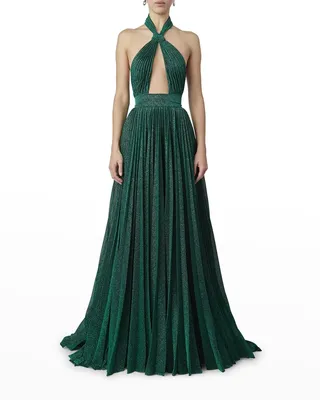 Crossover Cutout Metallic Plisse Gown