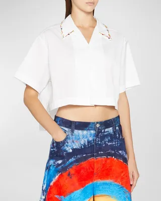 Cropped Bowling Shirt with Beaded Collar Detail