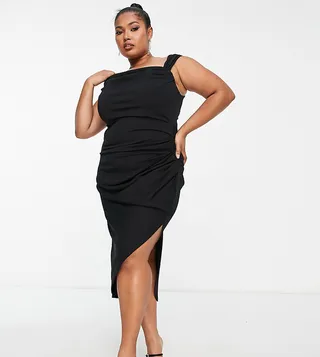 ASOS DESIGN Curve cowl neck corset midi pencil dress in black