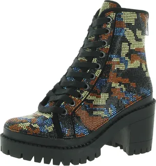 Pass Womens Leather Embellished Combat & Lace-up Boots