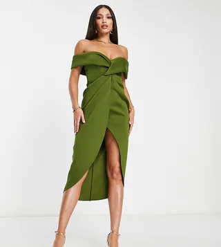 ASOS DESIGN Tall off shoulder twist front midi dress olive