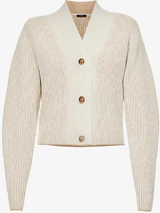 Womens Pewter Combo V-neck Buttoned Wool Jumper