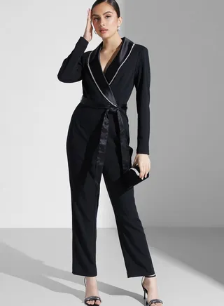 Surplice Neck Belted Jumpsuit