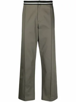 Striped-Waistband Straight-Leg Trousers