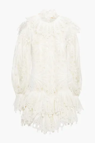 Tiered broderie anglaise linen mini dress