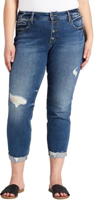 Distressed Exposed Button Slim Boyfriend Jeans