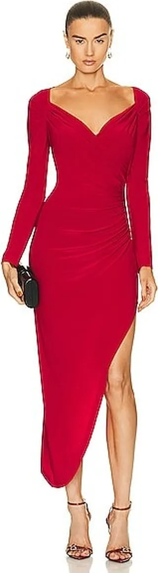 Norma Kamali Long Sleeve Sweetheart Side Drape Gown in Red