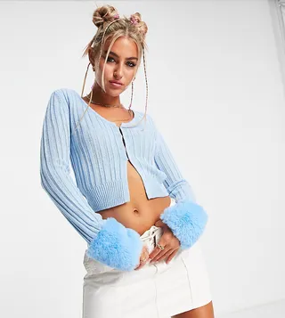 COLLUSION knitted fur trim split front cardigan in mid blue