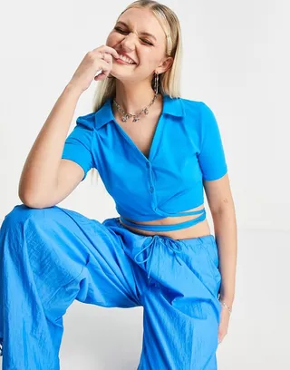 Noisy May tie detail T-shirt in bright blue - part of a set